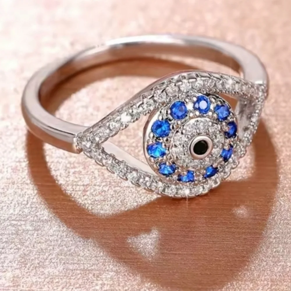 Elegant Silvery and Blue Evil Eye Ring Sz 9